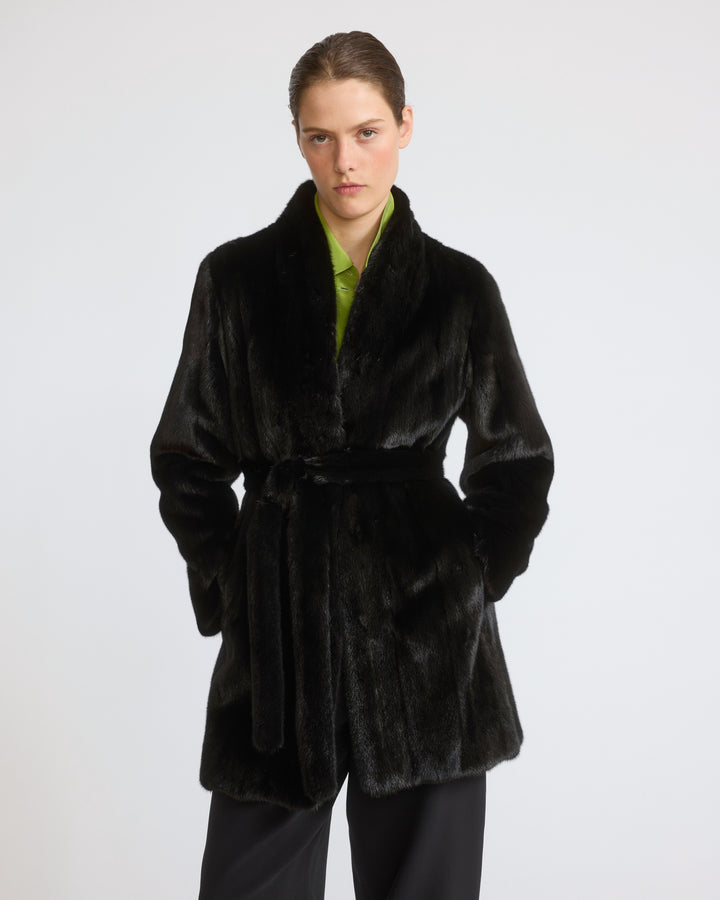 Short belted coat in long-haired straightened mink fur - Yves Salomon - New Fall/Winter Collection
