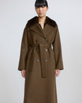 Cashmere wool belted coat with mink fur collar