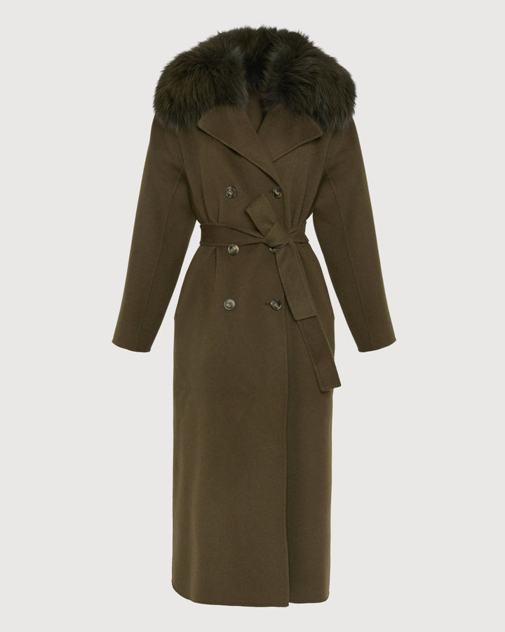Belted long coat in cashmere wool with fox fur collar
