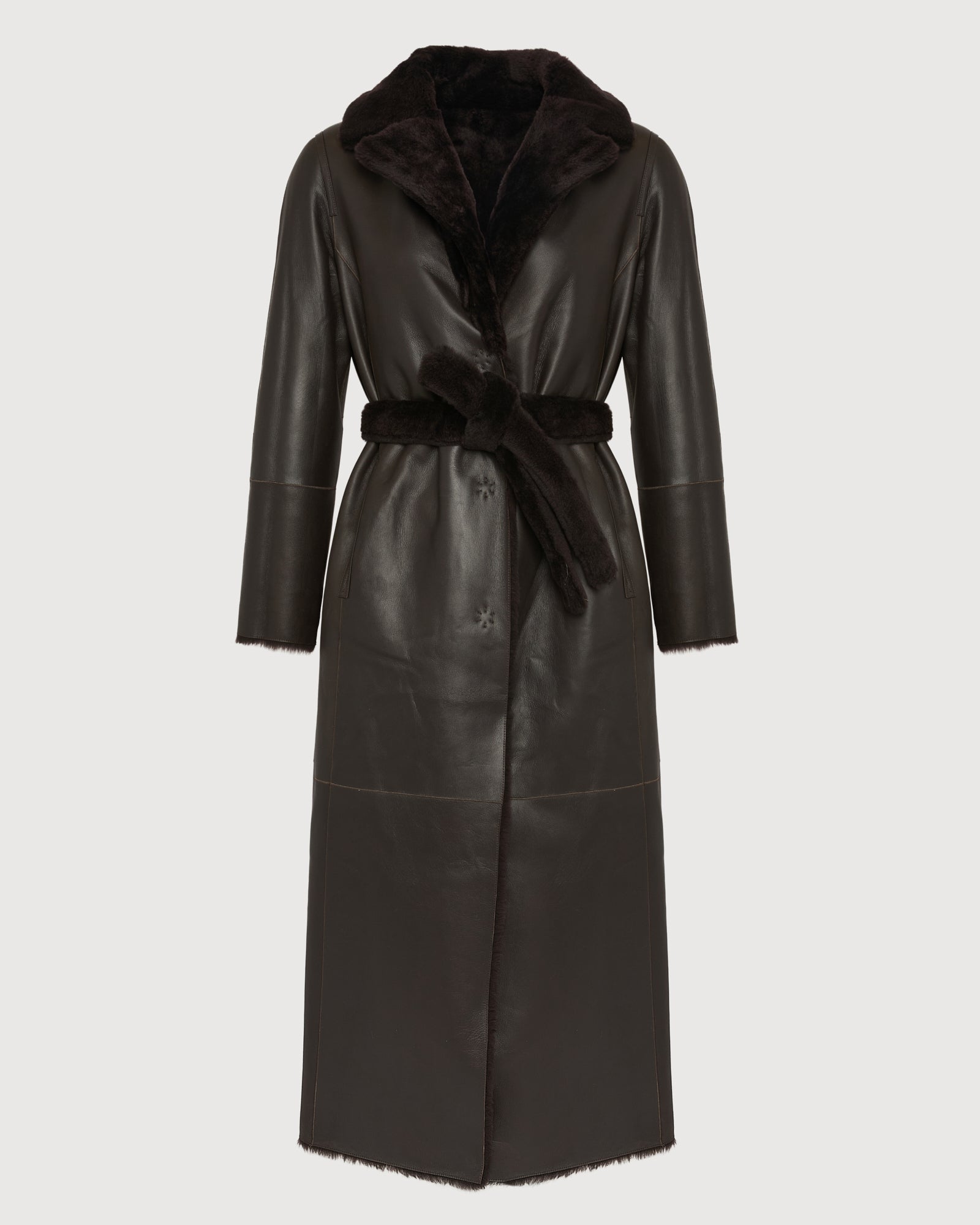 Reversible long coat in lambskin and Lacon shearling - brown