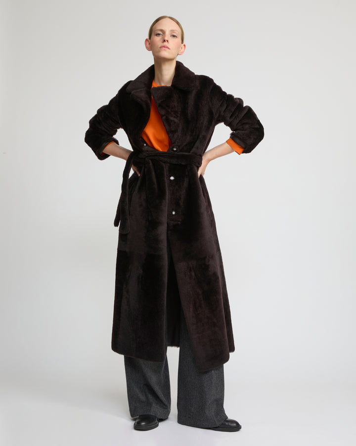 Reversible long coat in lambskin and Lacon shearling
