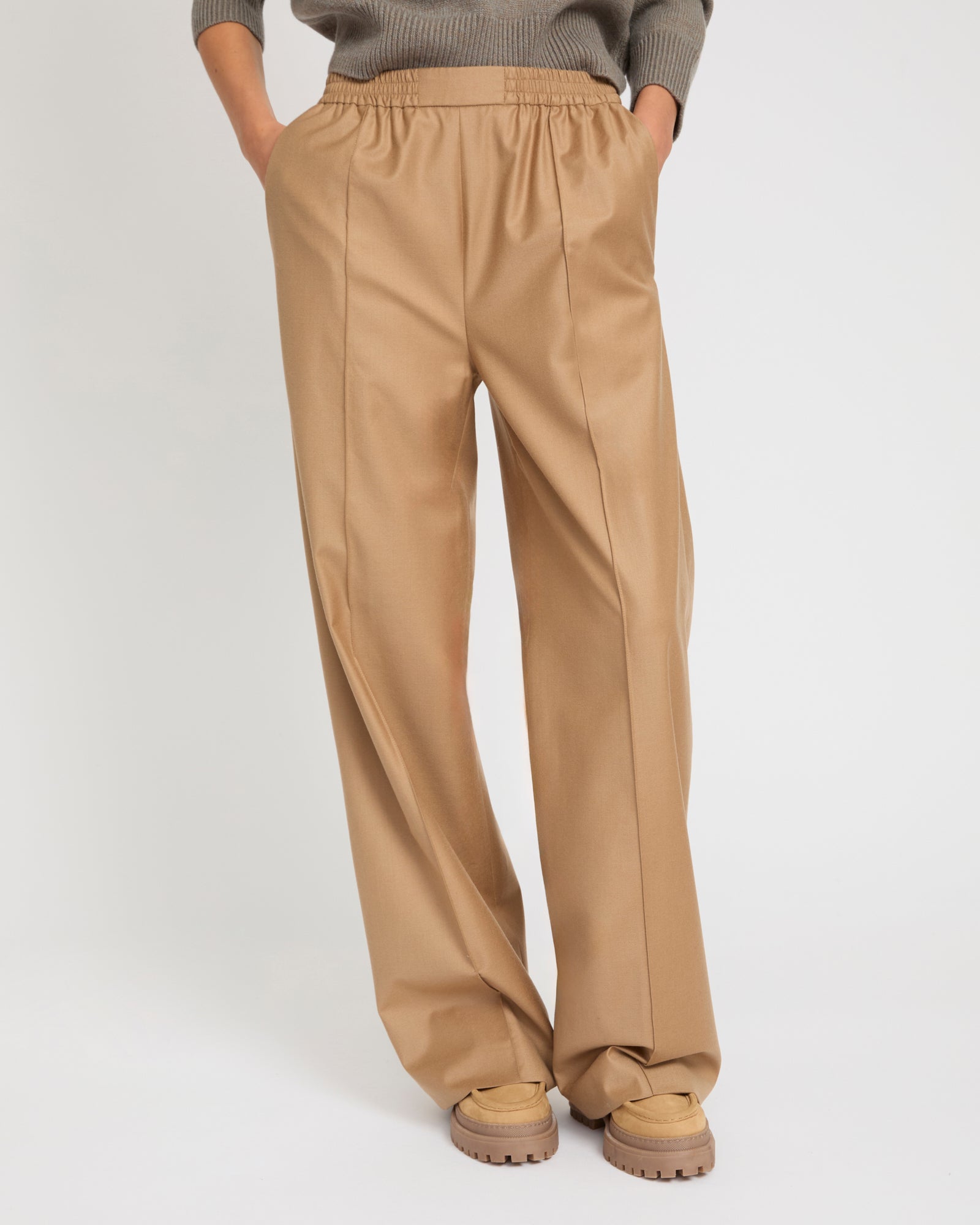 Loose fit trousers with elasticated waistband in flannel fabric -Yves Salomon