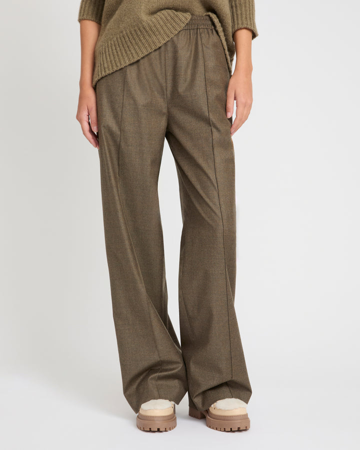 Loose fit trousers with elasticated waistband in flannel fabric -Yves Salomon