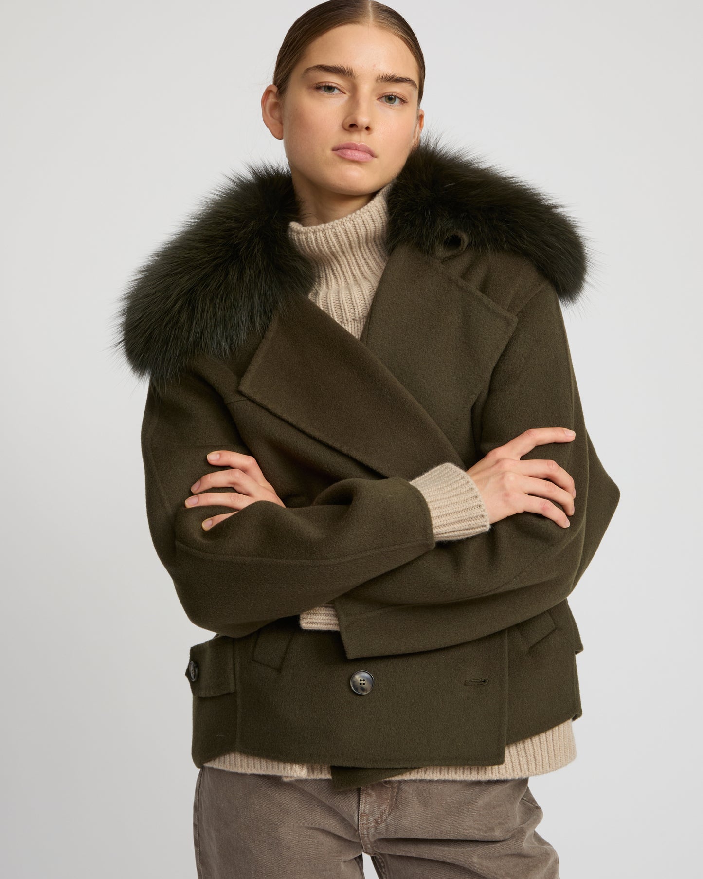 Cashmere-blend pea jacket with removable fox fur collar - Yves Salomon
