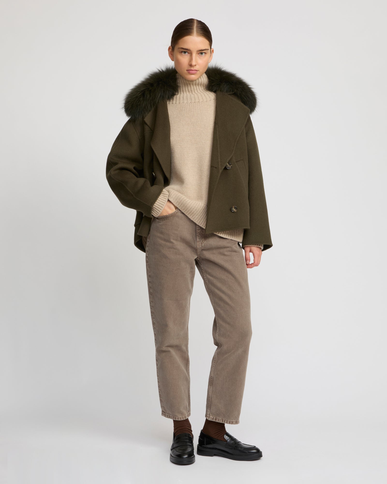 Cashmere-blend pea jacket with removable fox fur collar - Yves Salomon
