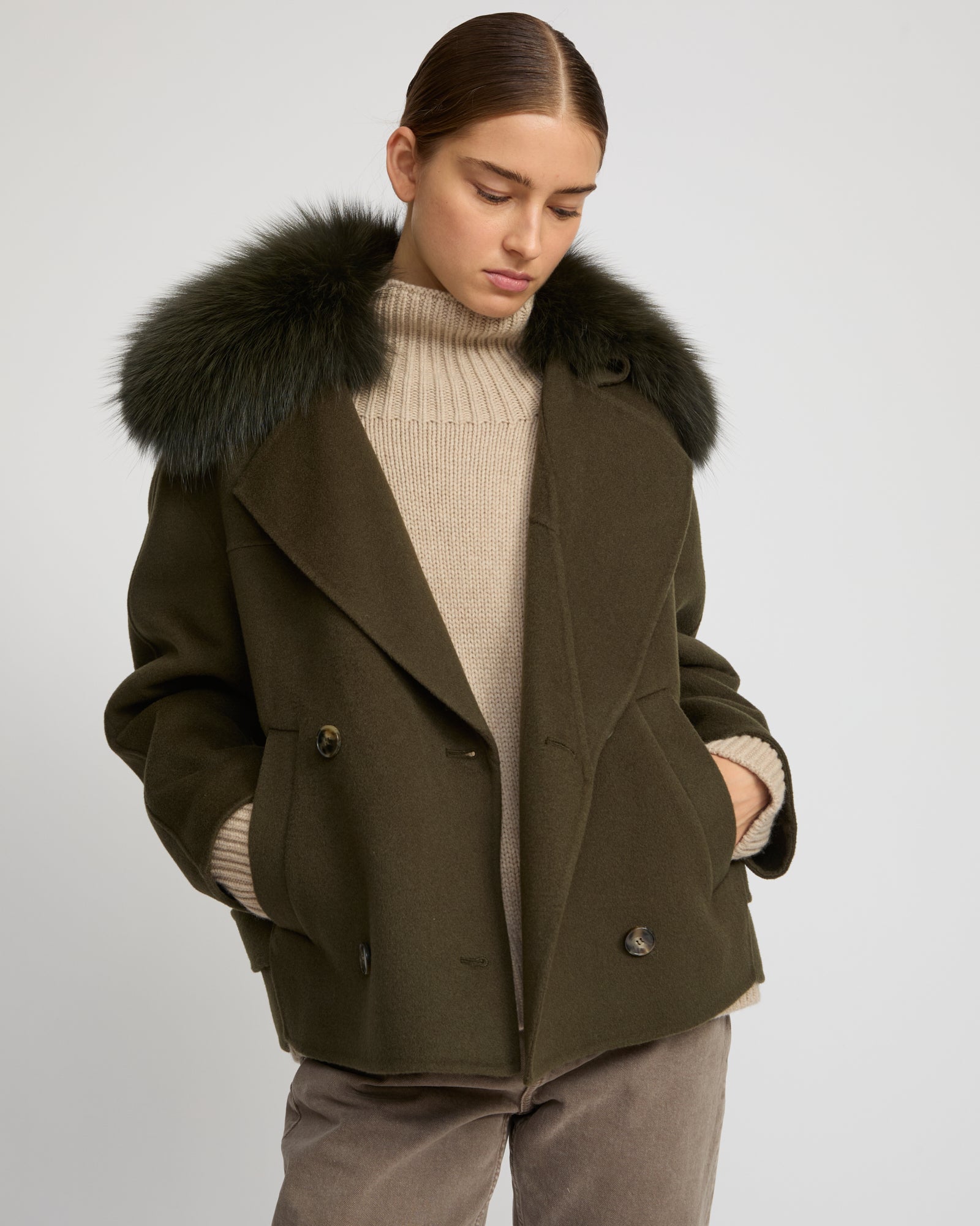 Cashmere-blend pea jacket with removable fox fur collar - Yves Salomon