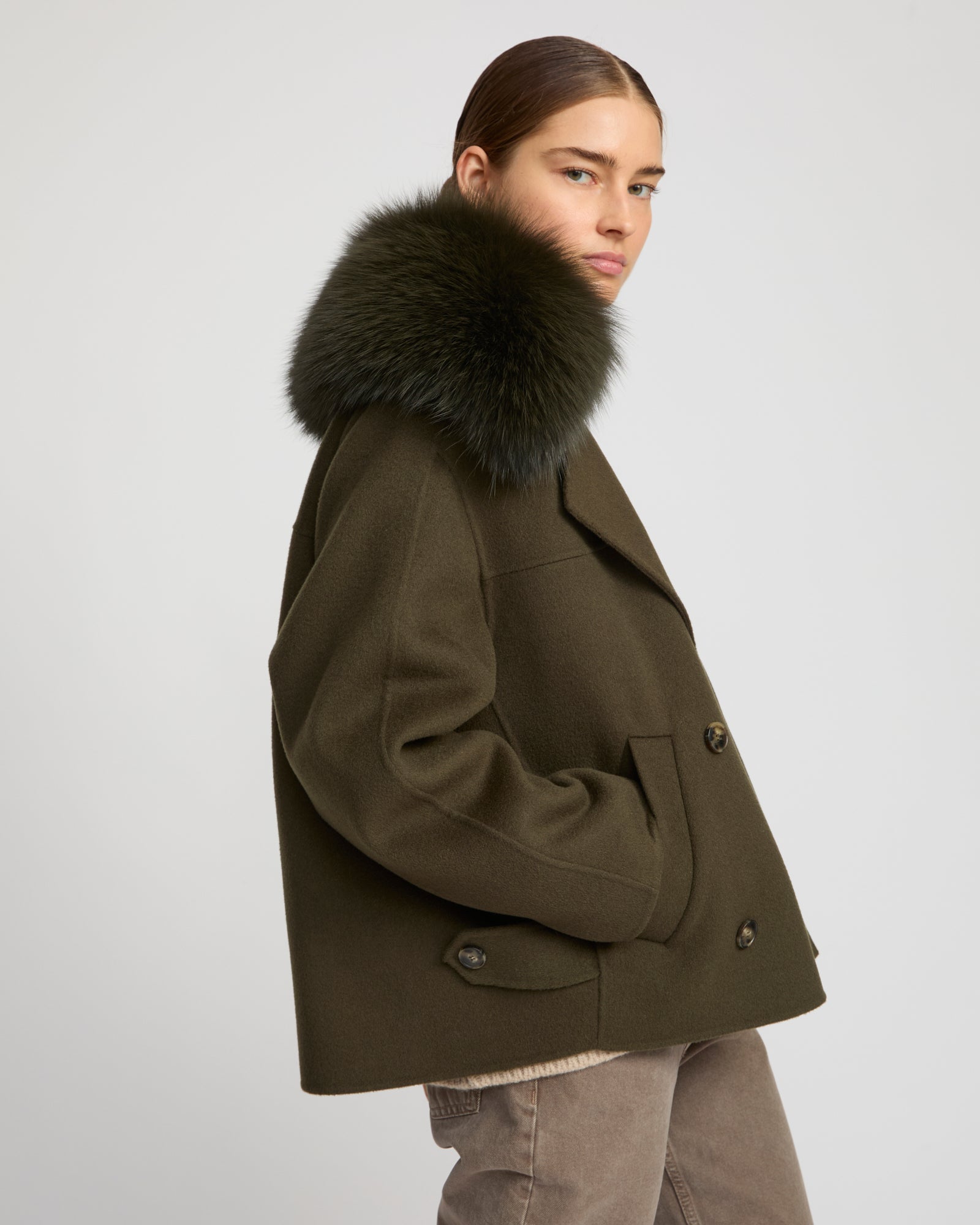 Cashmere-blend pea jacket with removable fox fur collar - Yves Salomon