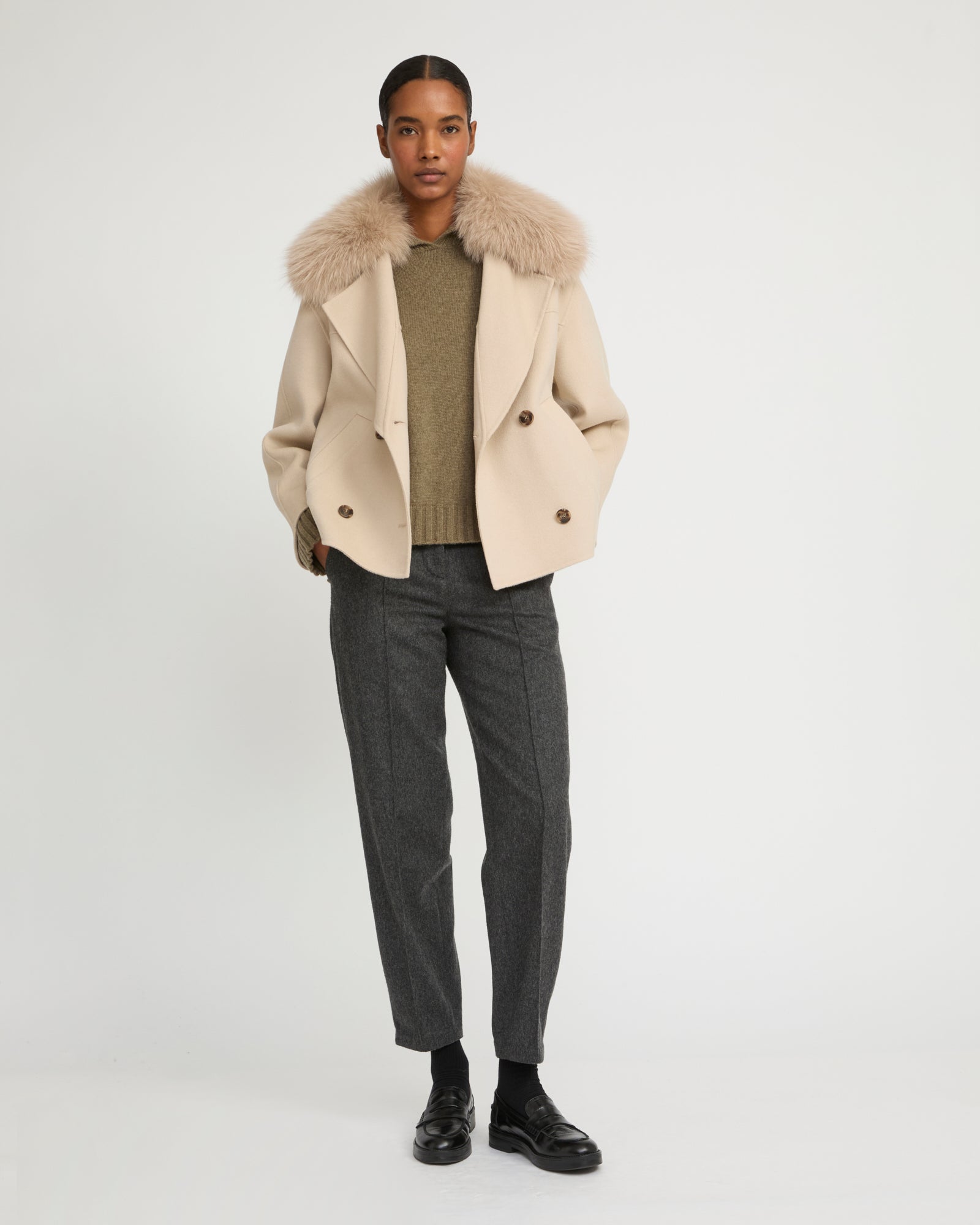 Cashmere-blend pea jacket with removable fox fur collar - Yves Salomon