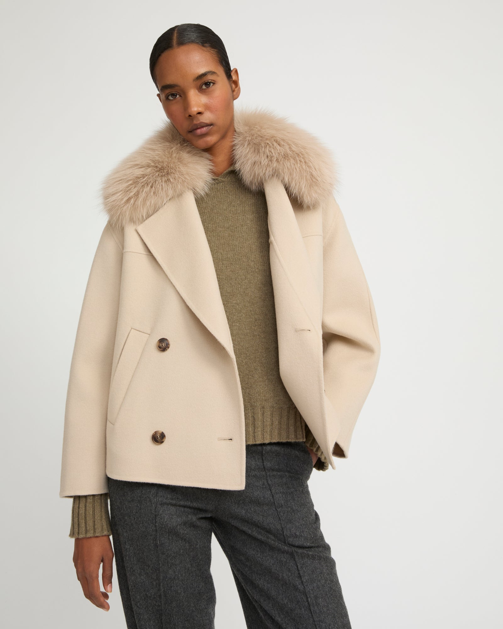 Cashmere-blend pea jacket with removable fox fur collar - Yves Salomon