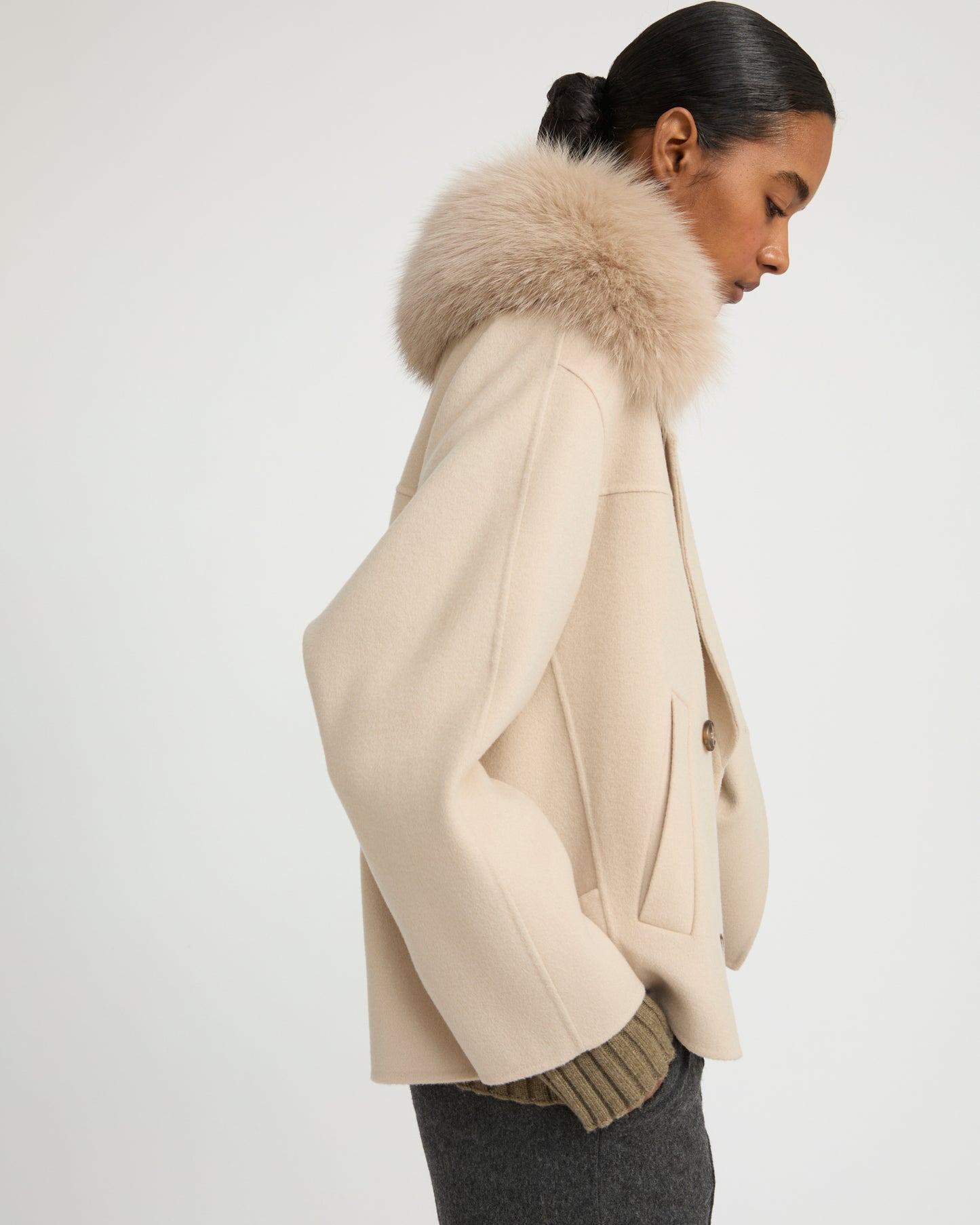 Cashmere-blend pea jacket with removable fox fur collar - Yves Salomon