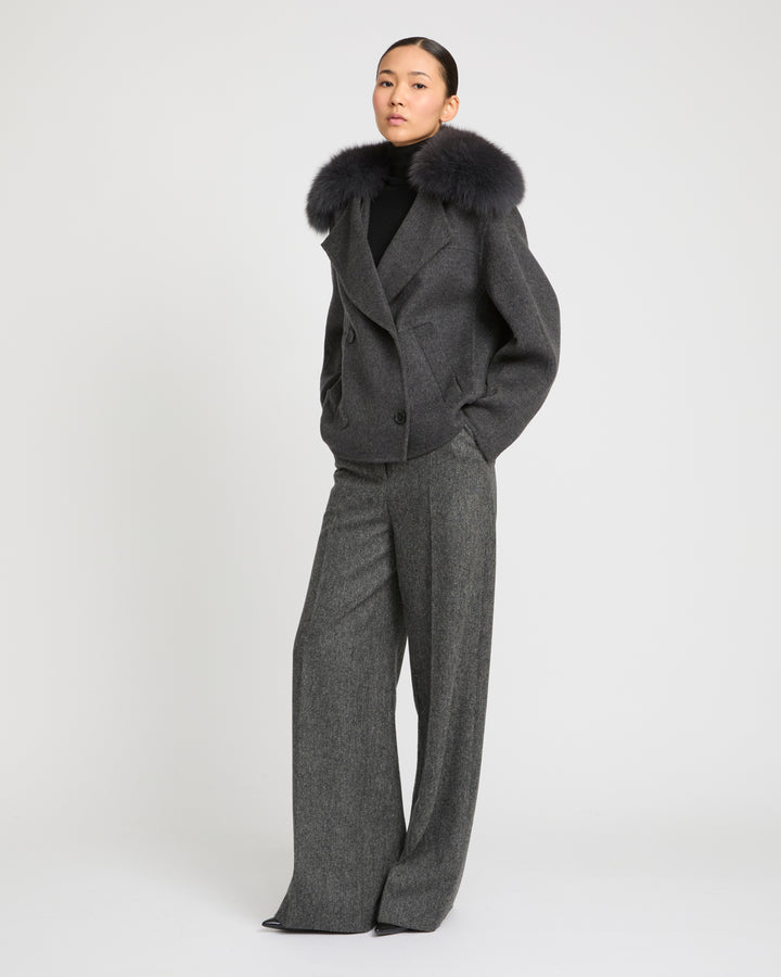 Cashmere-blend pea jacket with removable fox fur collar