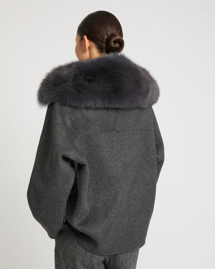 Cashmere-blend pea jacket with removable fox fur collar