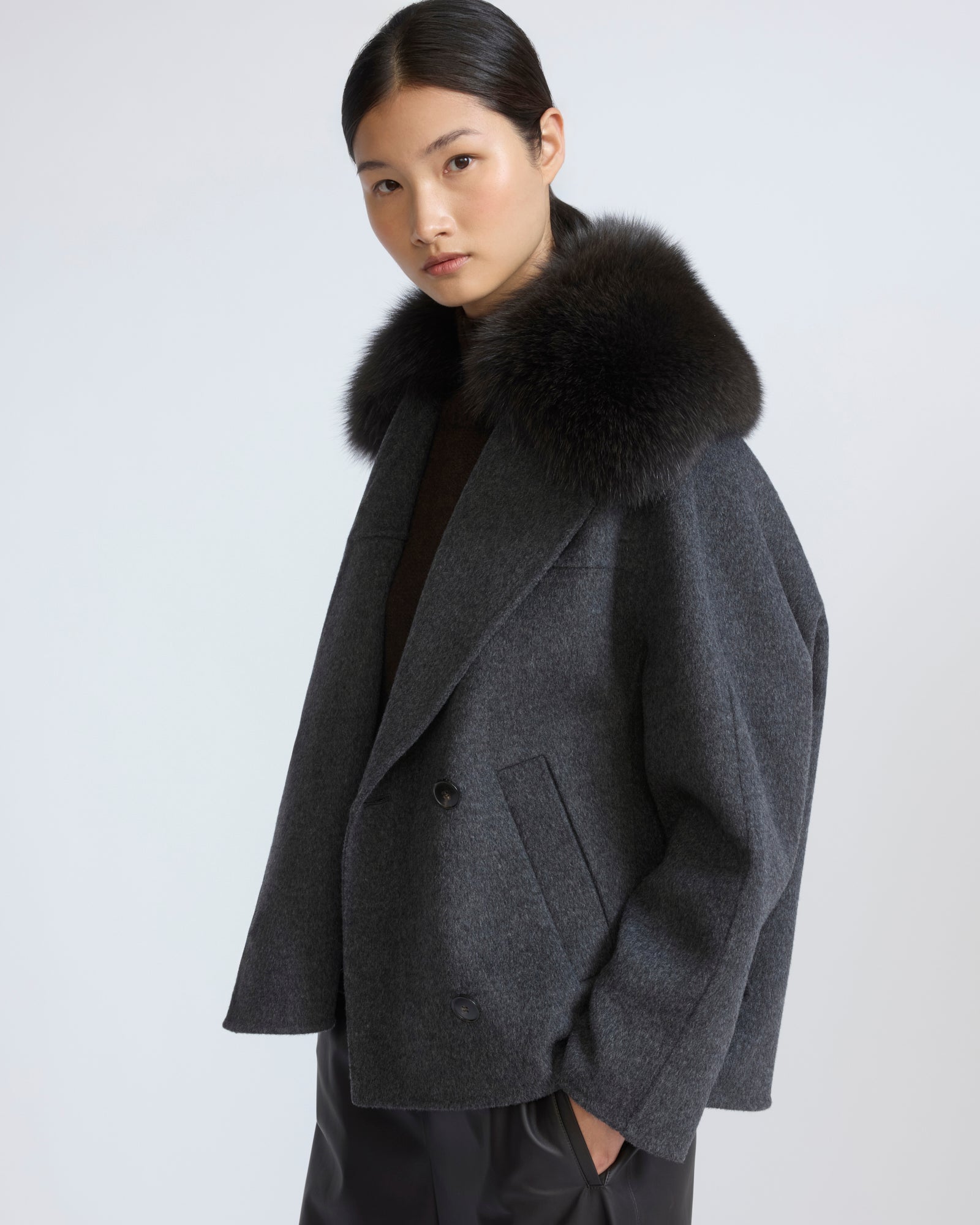 Cashmere-blend pea jacket with removable fox fur collar - Yves Salomon - New Fall/Winter Collection