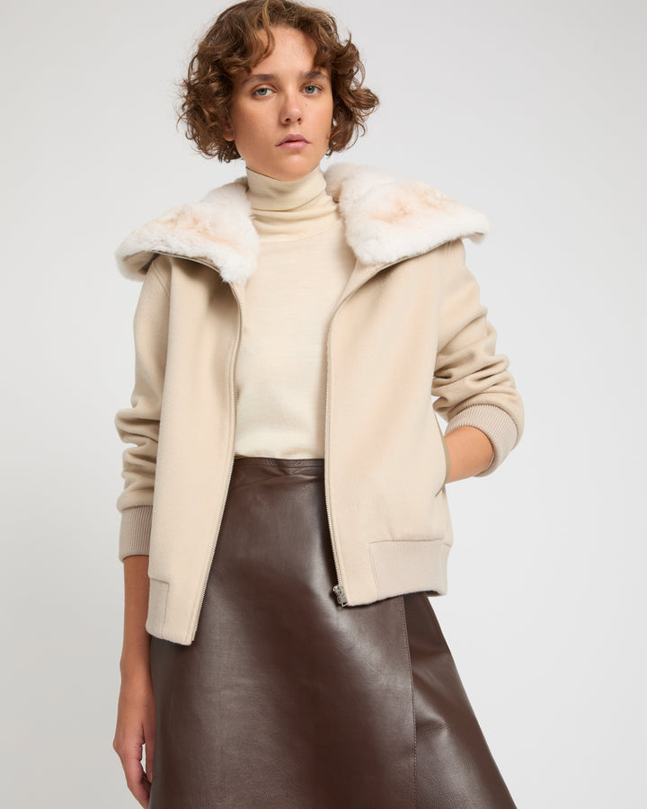Cashmere-blend cropped blouson with detachable chinchilla fur collar