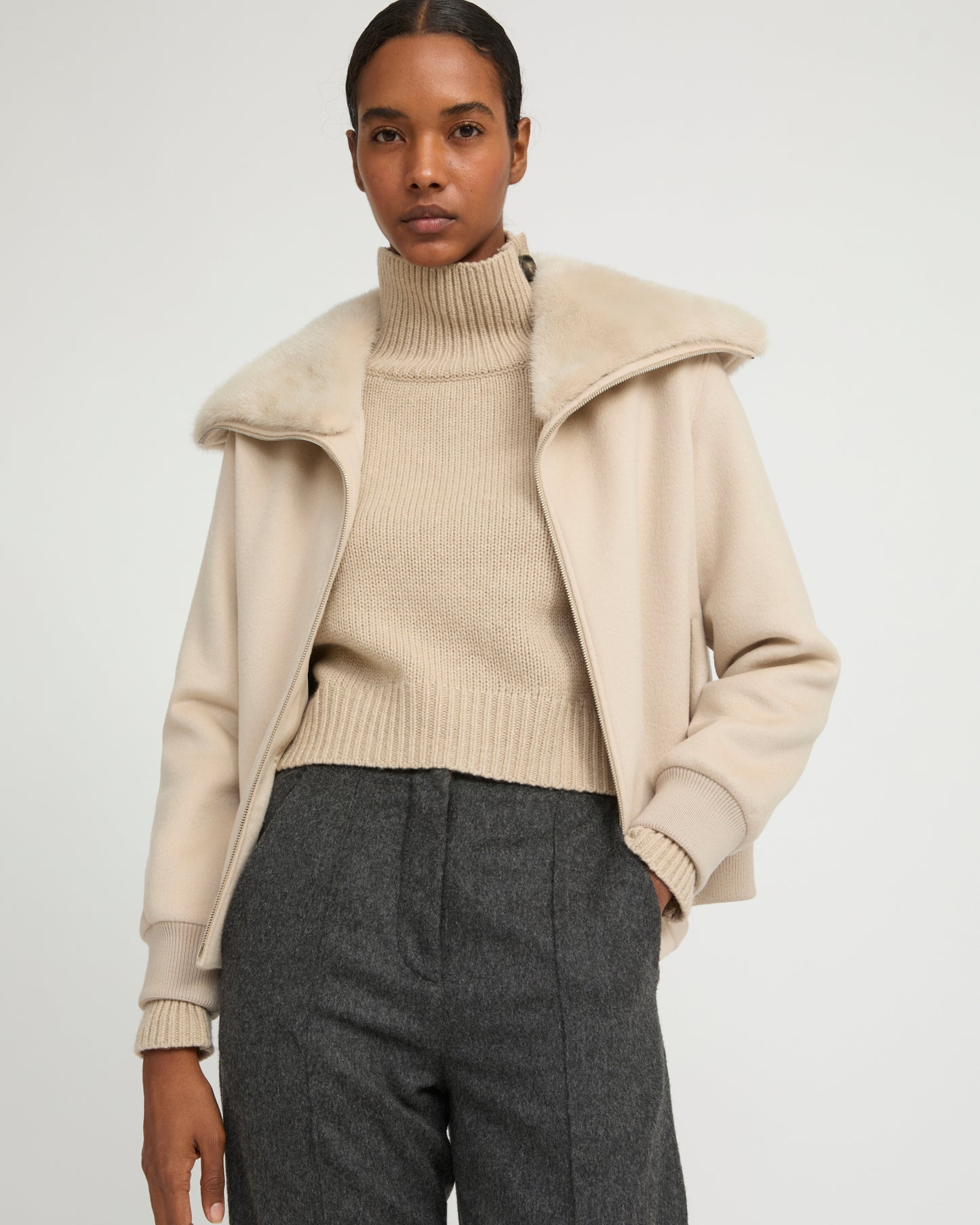 Cashmere-blend cropped blouson with removable mink fur collar - Yves Salomon
