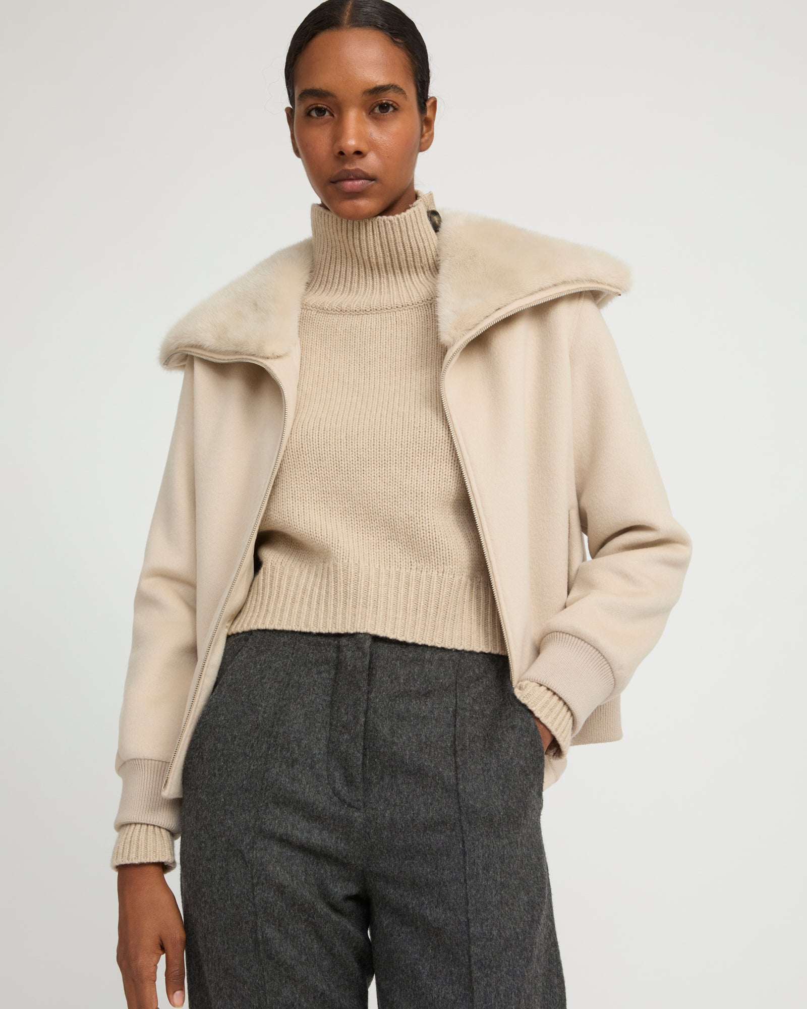Cashmere-blend cropped blouson with removable mink fur collar - Yves Salomon