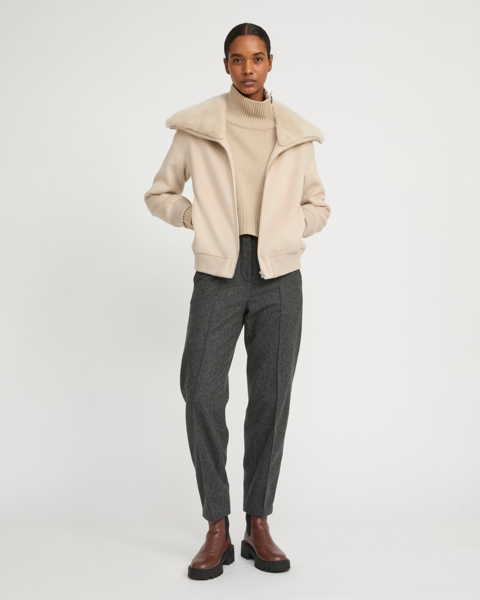 Cashmere-blend cropped blouson with removable mink fur collar