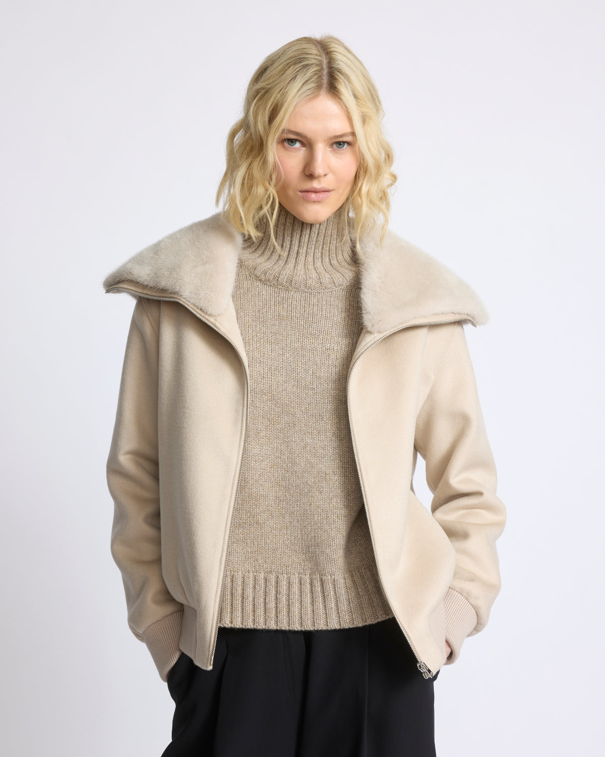 Cashmere-blend cropped blouson with removable mink fur collar