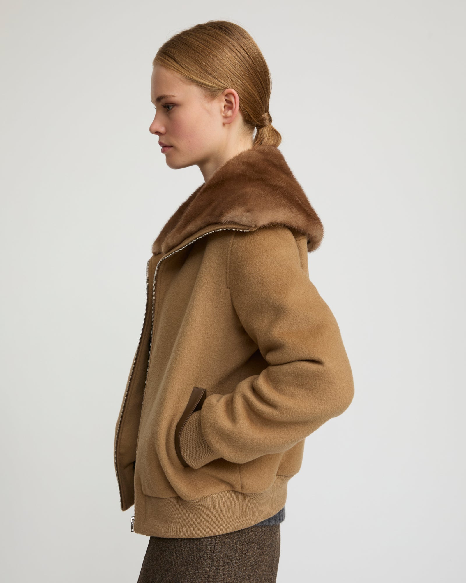 Cashmere-blend cropped blouson with removable mink fur collar