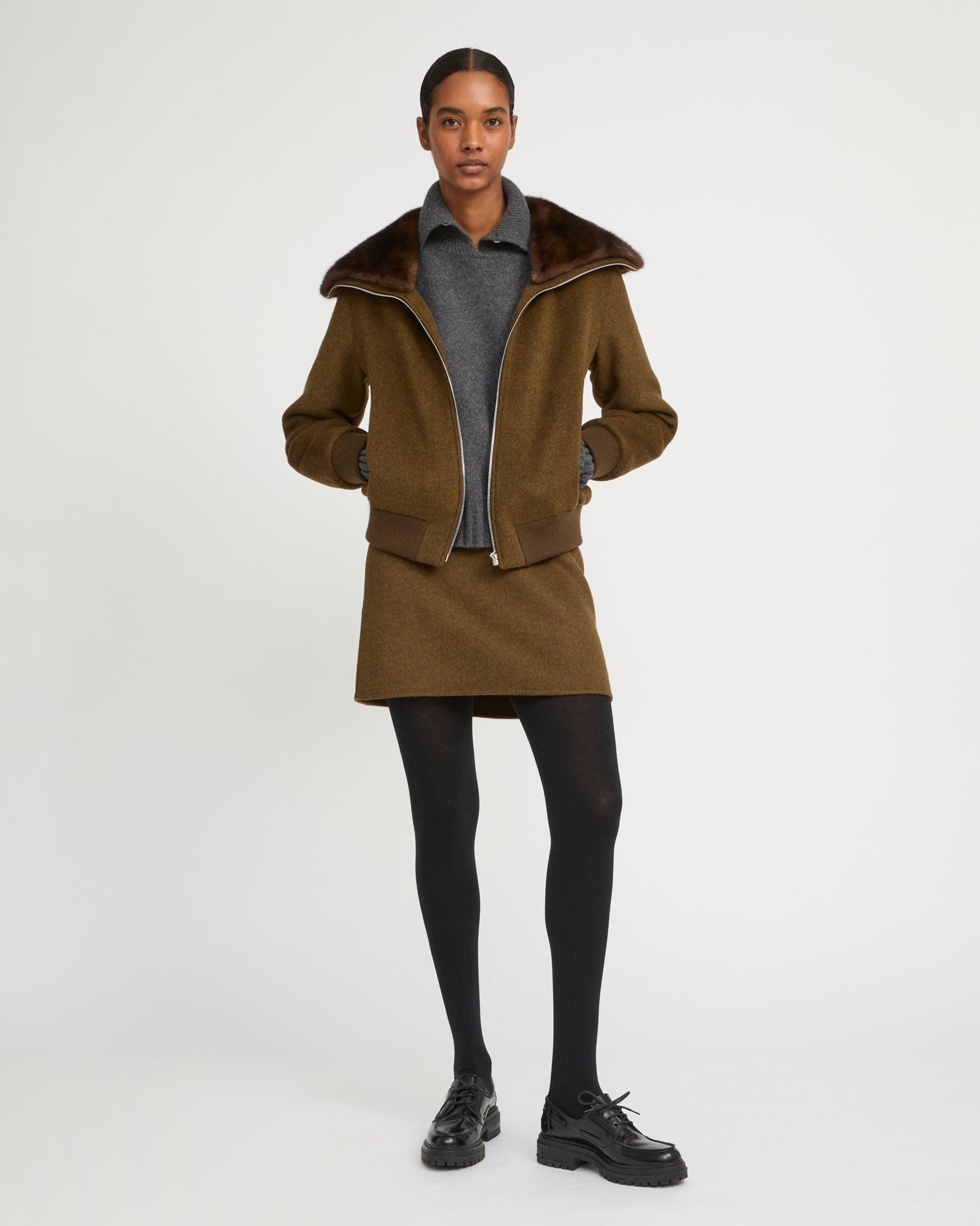 Cashmere-blend cropped blouson with removable mink fur collar - Yves Salomon