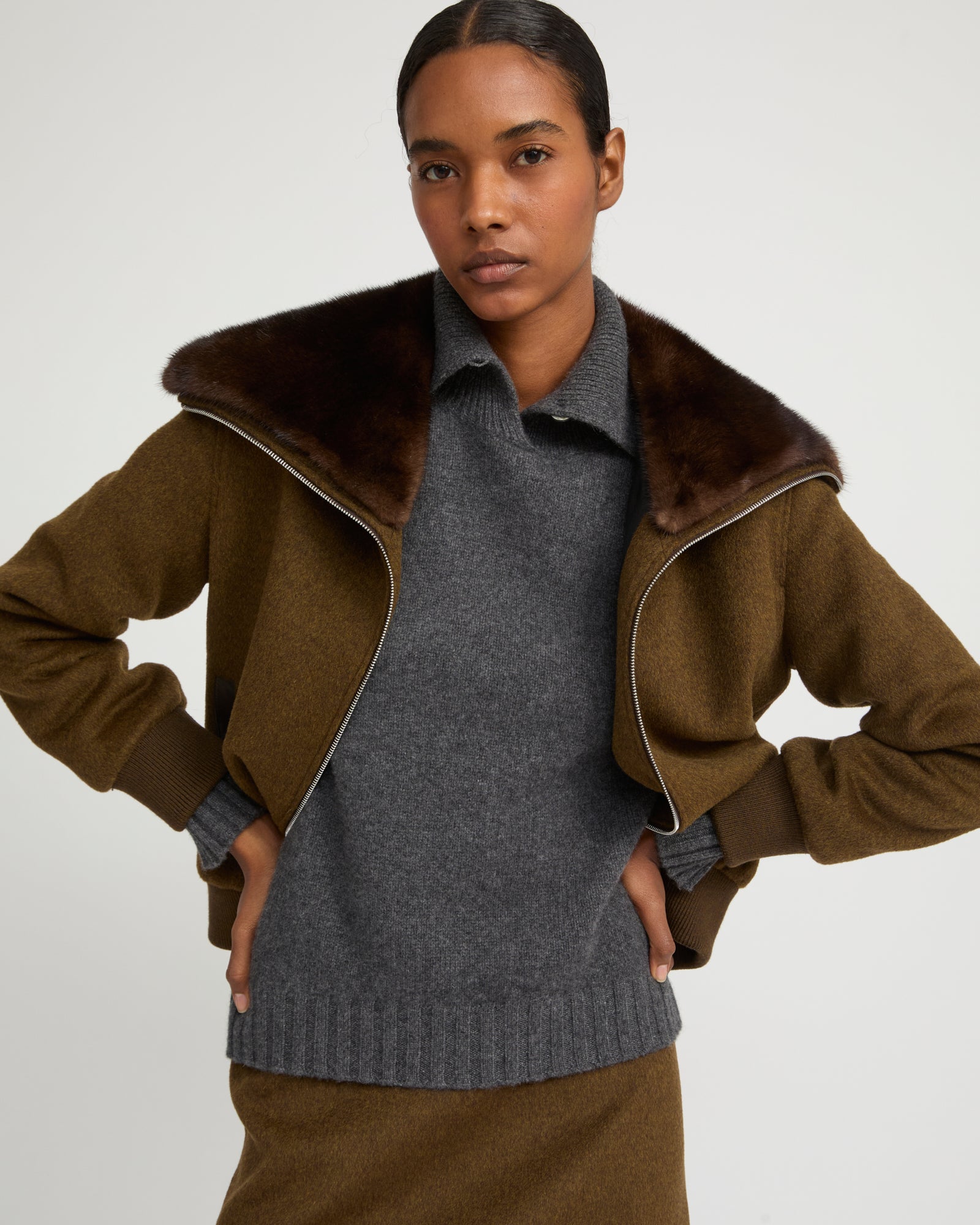 Cashmere-blend cropped blouson with removable mink fur collar - Yves Salomon