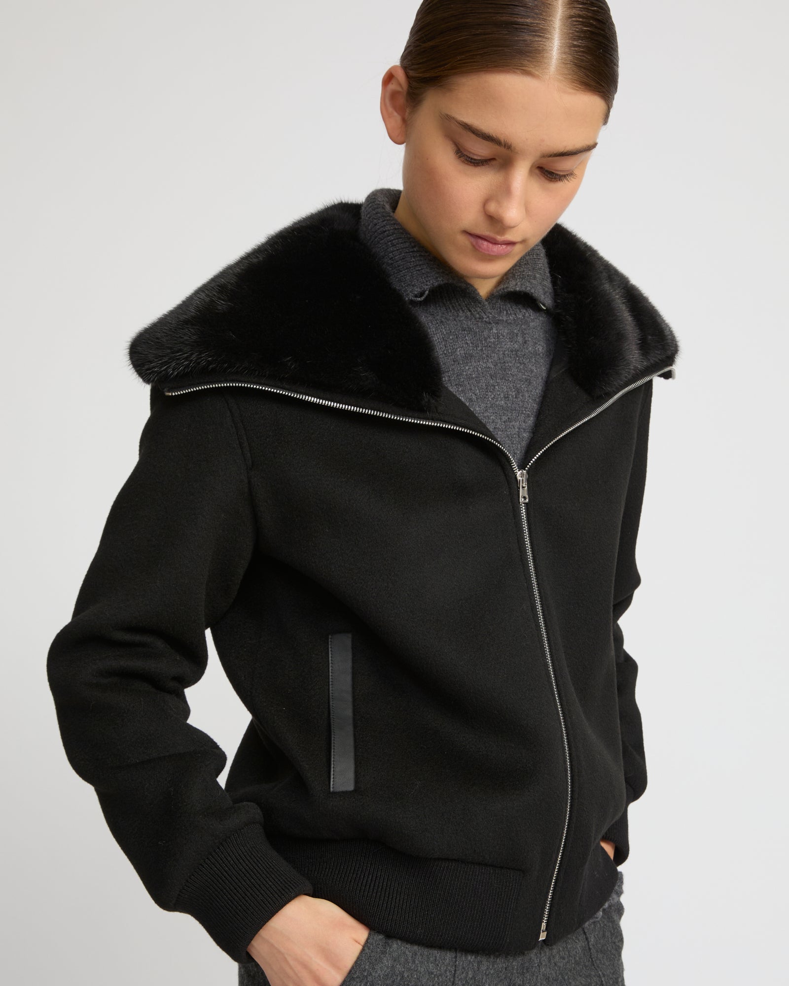 Cashmere-blend cropped blouson with removable mink fur collar - Yves Salomon