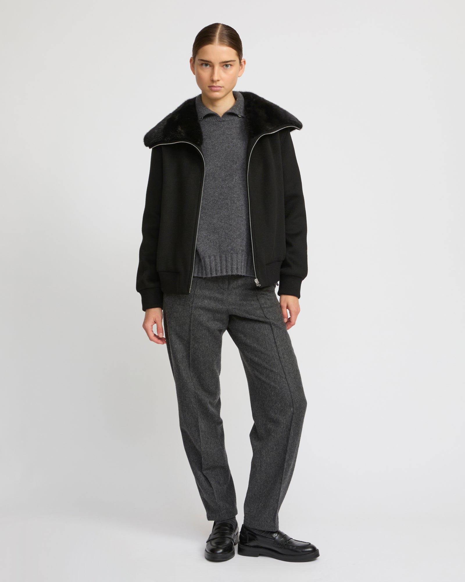 Cashmere-blend cropped blouson with removable mink fur collar - Yves Salomon