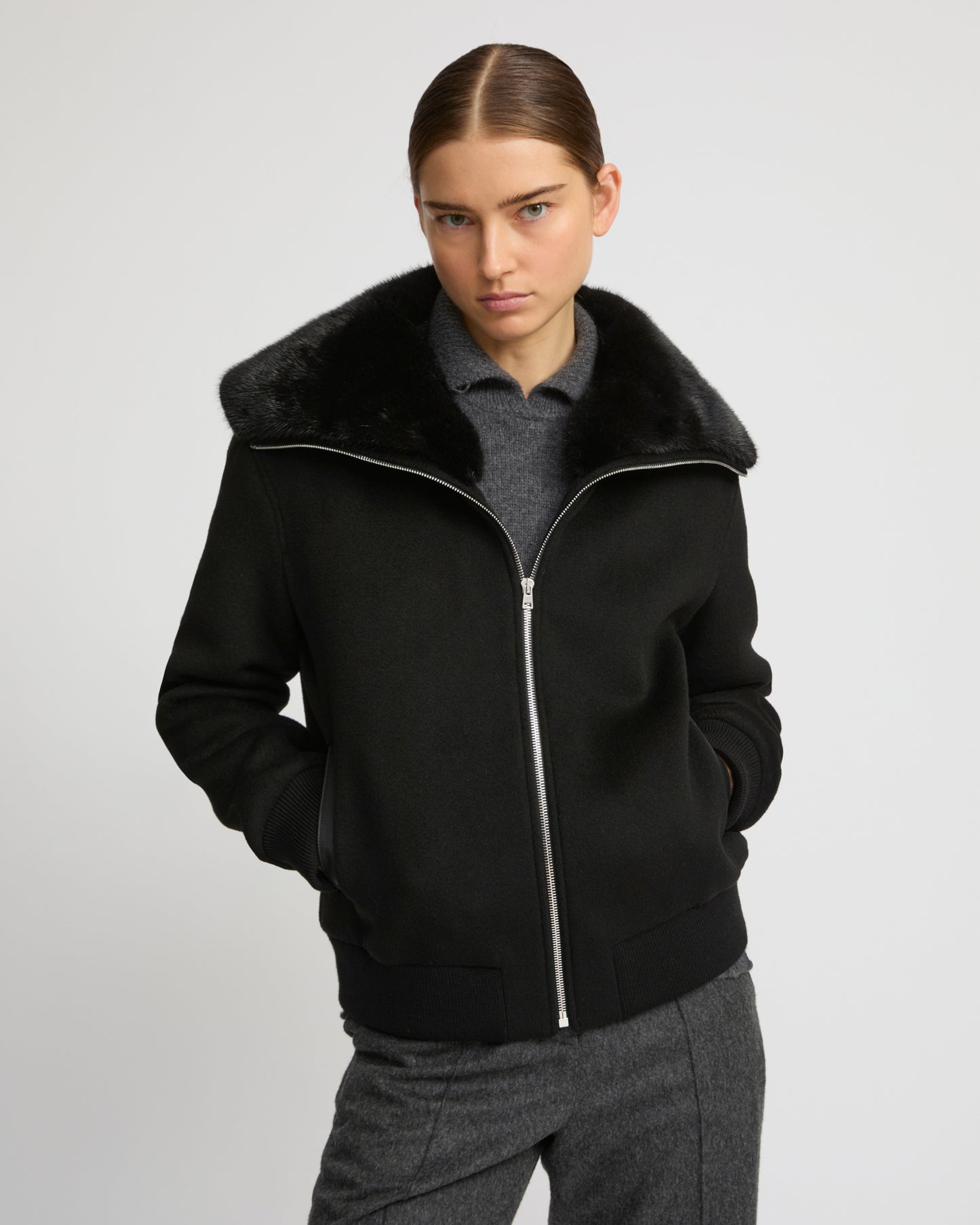 Cashmere-blend cropped blouson with removable mink fur collar - Yves Salomon
