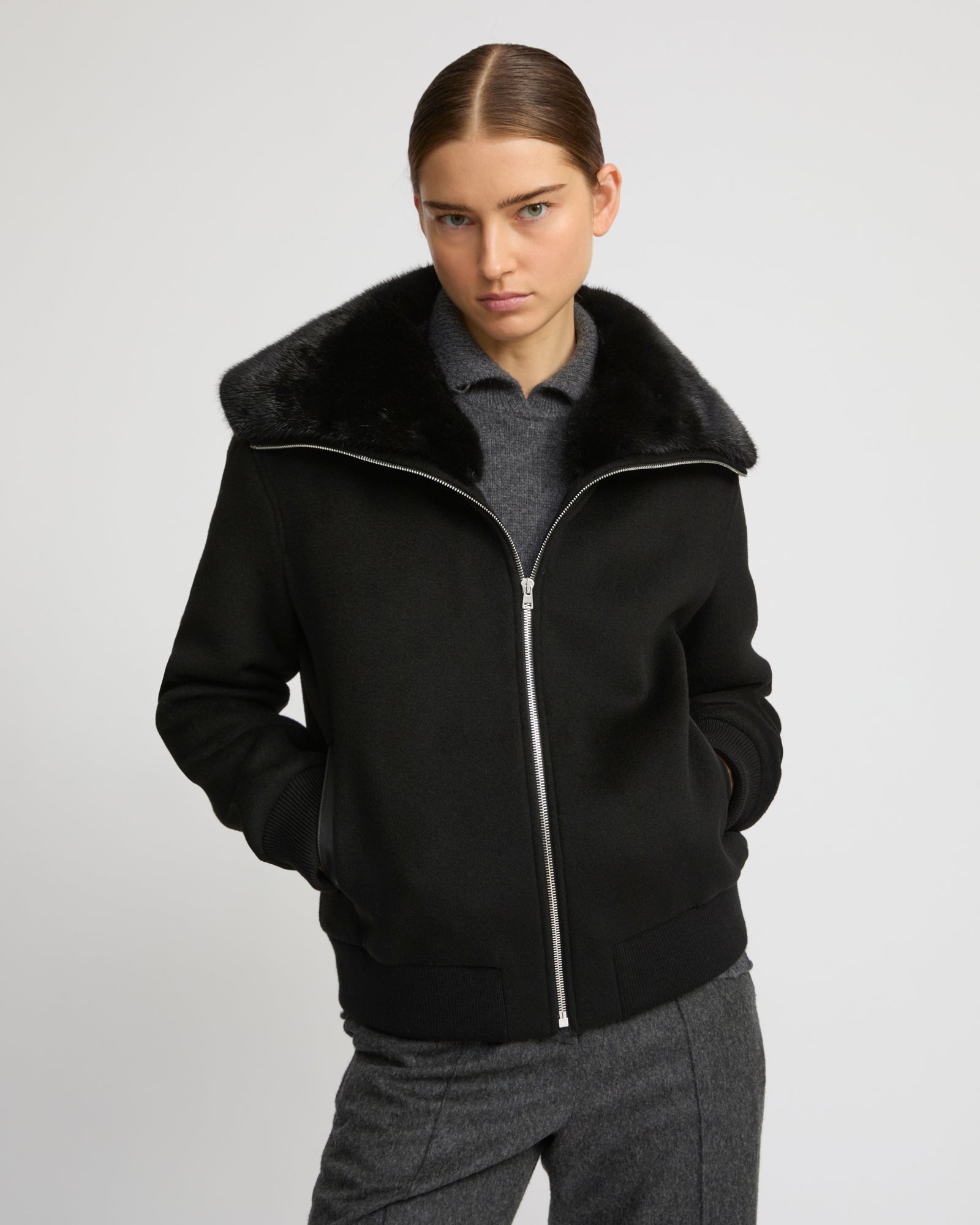 Cashmere-blend cropped blouson with removable mink fur collar - Yves Salomon