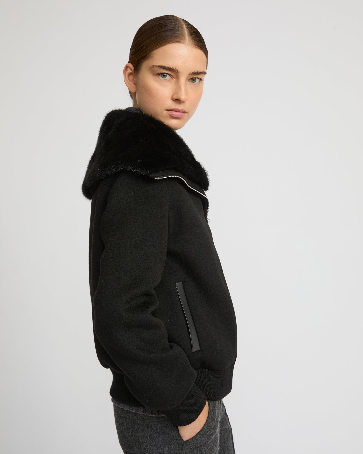 Cashmere-blend cropped blouson with removable mink fur collar - Yves Salomon