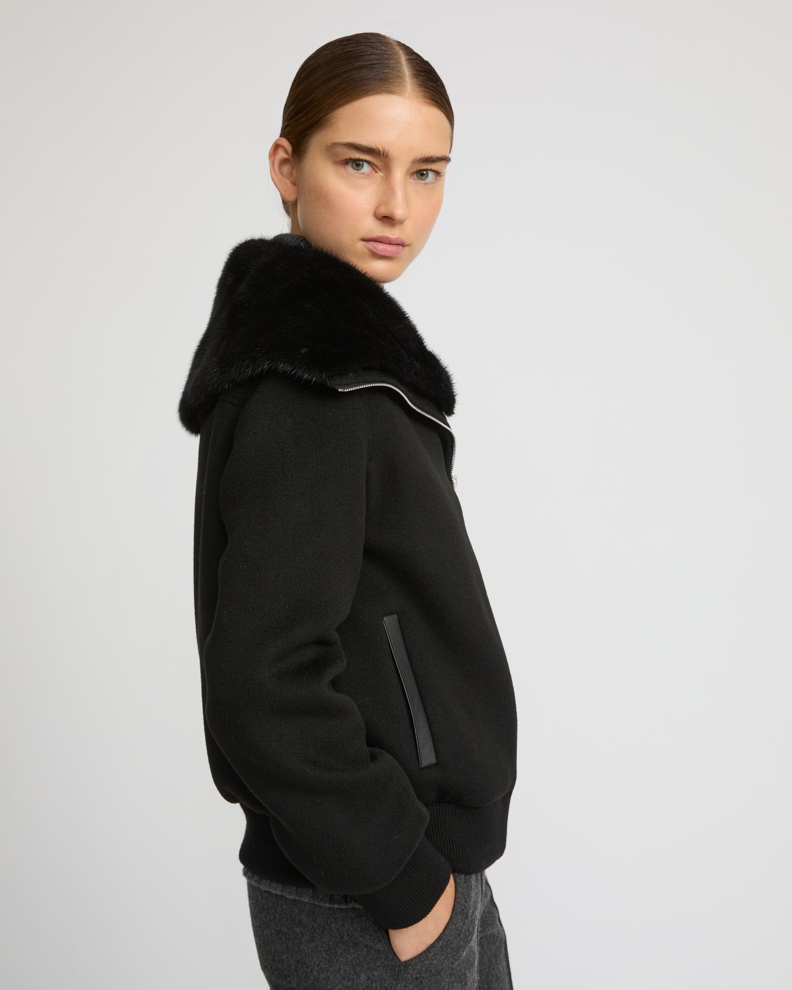 Cashmere-blend cropped blouson with removable mink fur collar - Yves Salomon