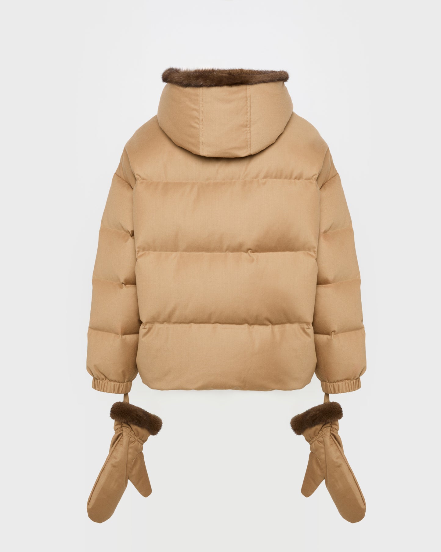 Short hooded Loro Piana fabric down jacket with mink fur inner hood and removable mittens