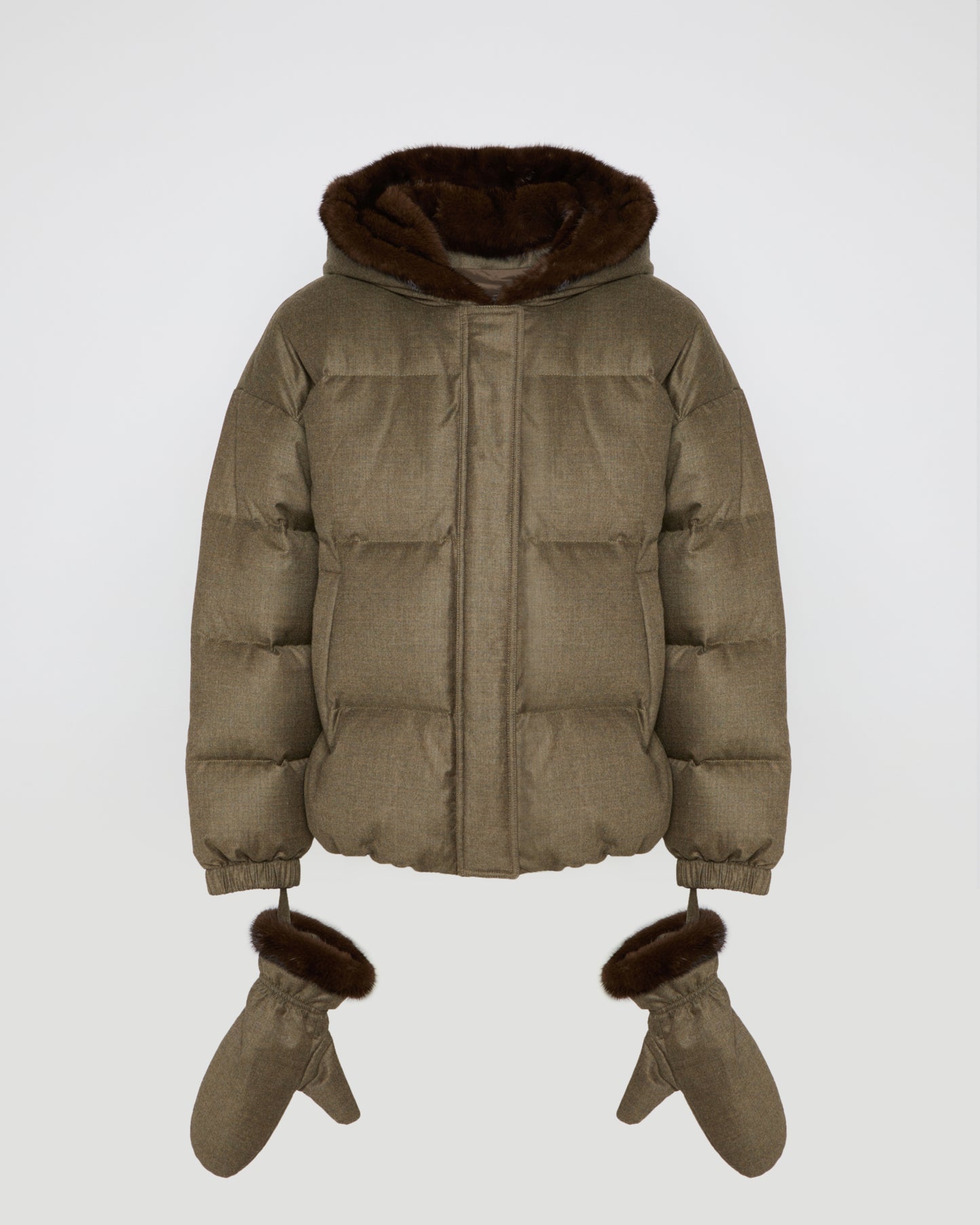 Loro Piana short hooded down jacket with mink fur inner hood and removable mittens