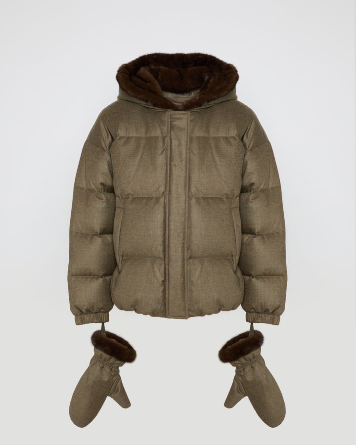 Loro Piana short hooded down jacket with mink fur inner hood and removable mittens