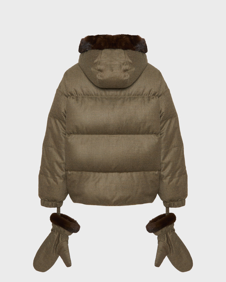 Loro Piana short hooded down jacket with mink fur inner hood and removable mittens