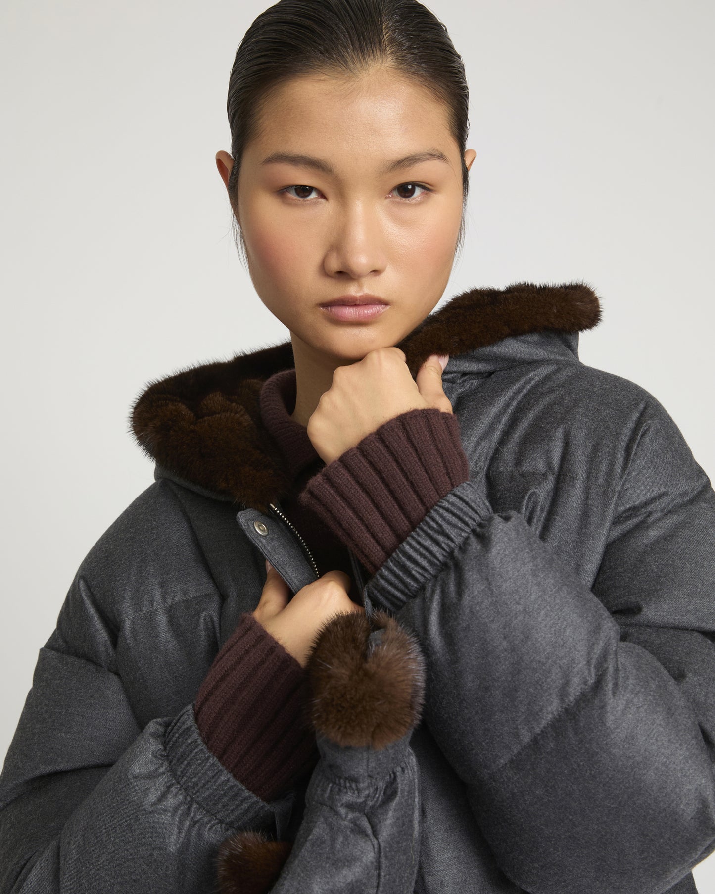 Short hooded Loro Piana fabric down jacket with mink fur inner hood and removable mittens