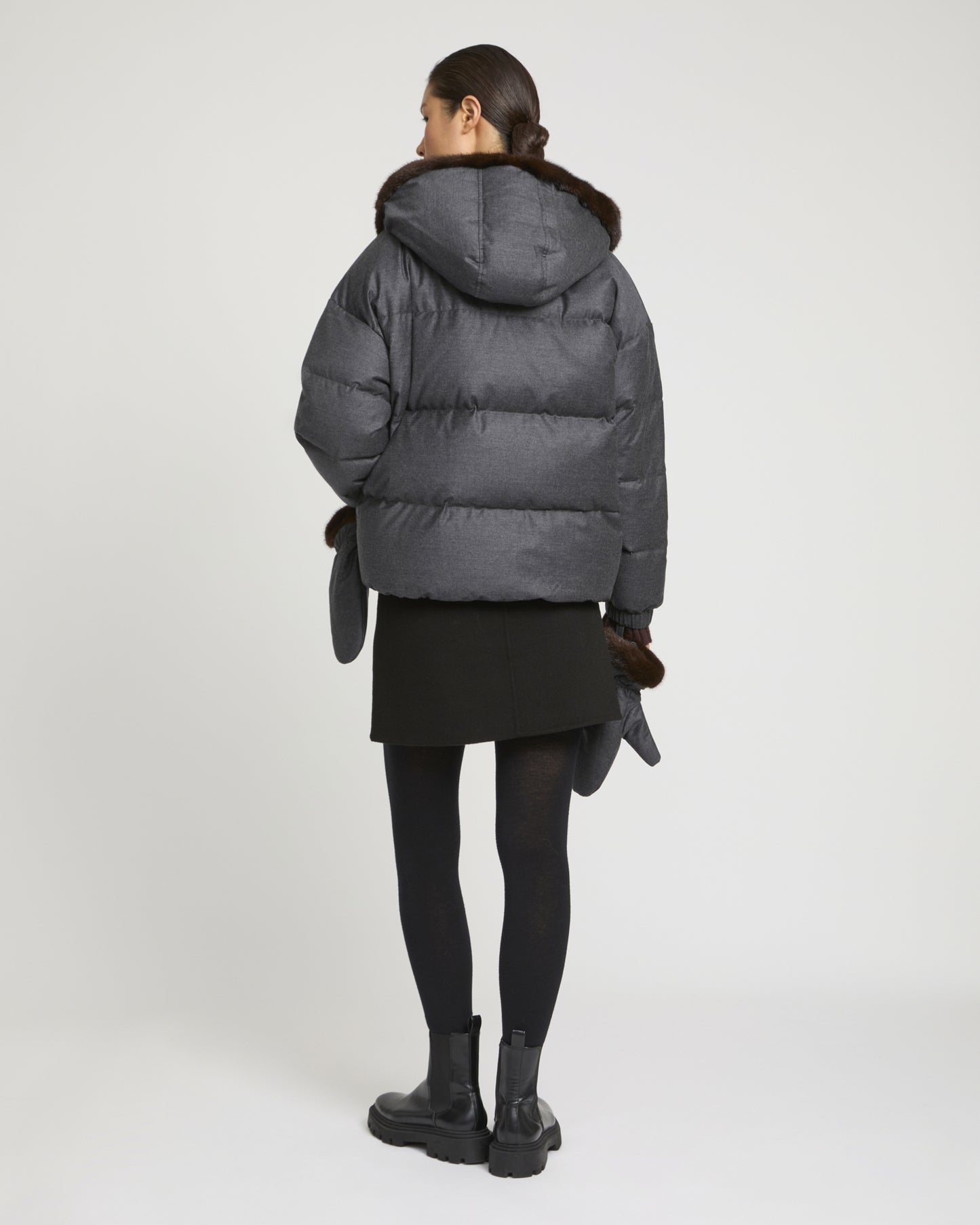 Short hooded Loro Piana fabric down jacket with mink fur inner hood and removable mittens