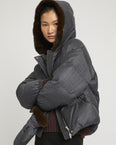 Short hooded Loro Piana fabric down jacket with mink fur inner hood and removable mittens