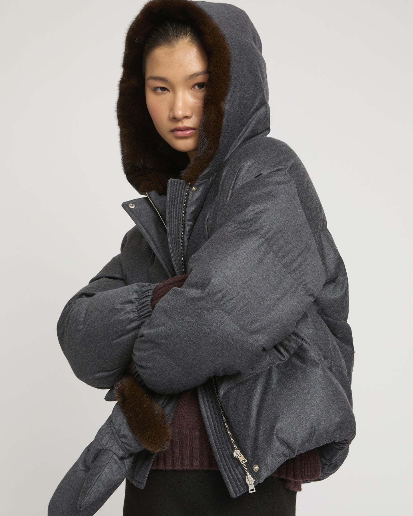 Short hooded Loro Piana fabric down jacket with mink fur inner hood and removable mittens