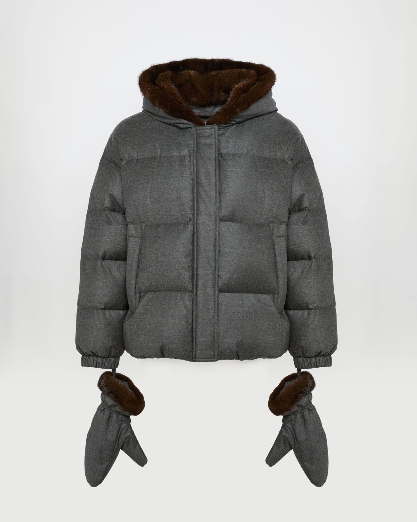 Short hooded Loro Piana fabric down jacket with mink fur inner hood and removable mittens