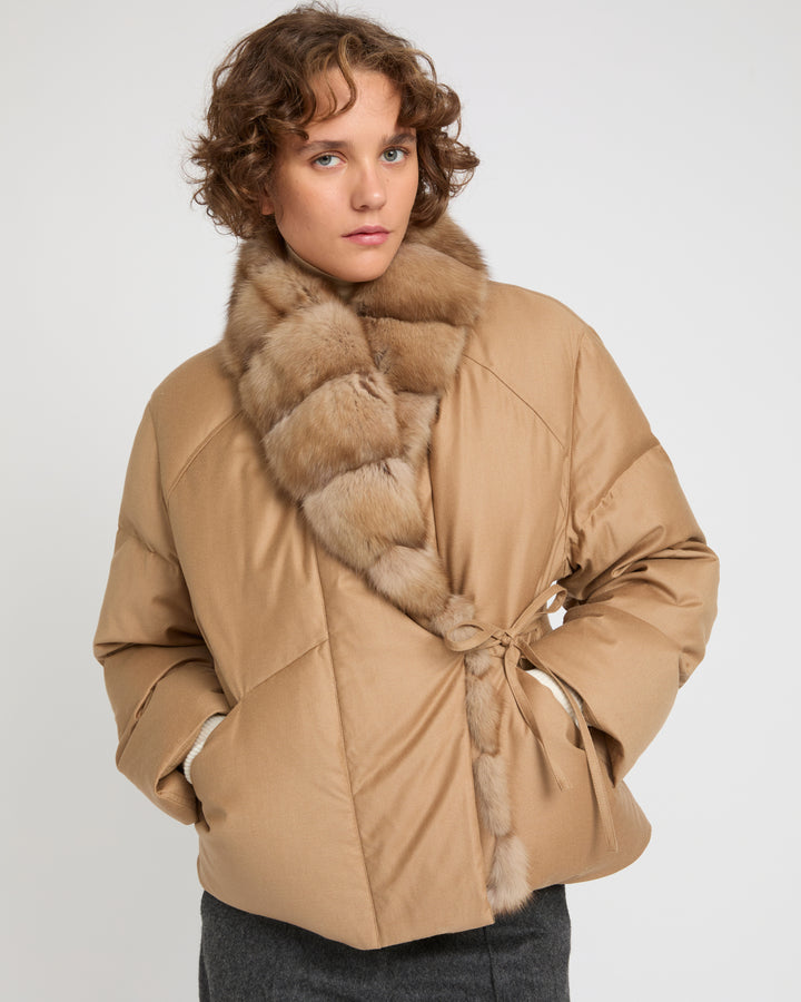 Loro Piana fabric short flannel down jacket with detachable large sable fur collar