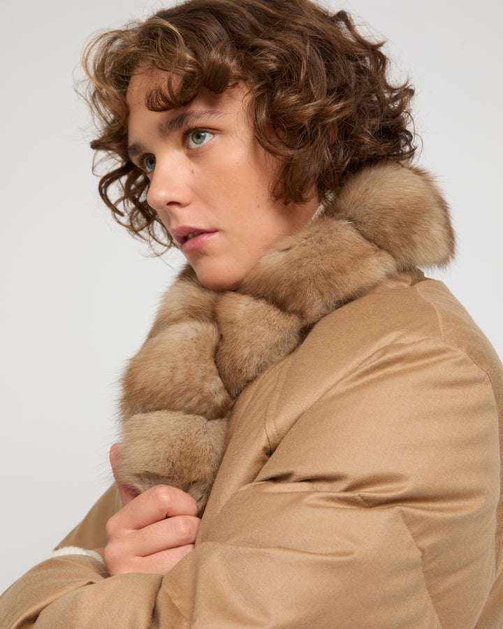 Loro Piana fabric short flannel down jacket with detachable large sable fur collar