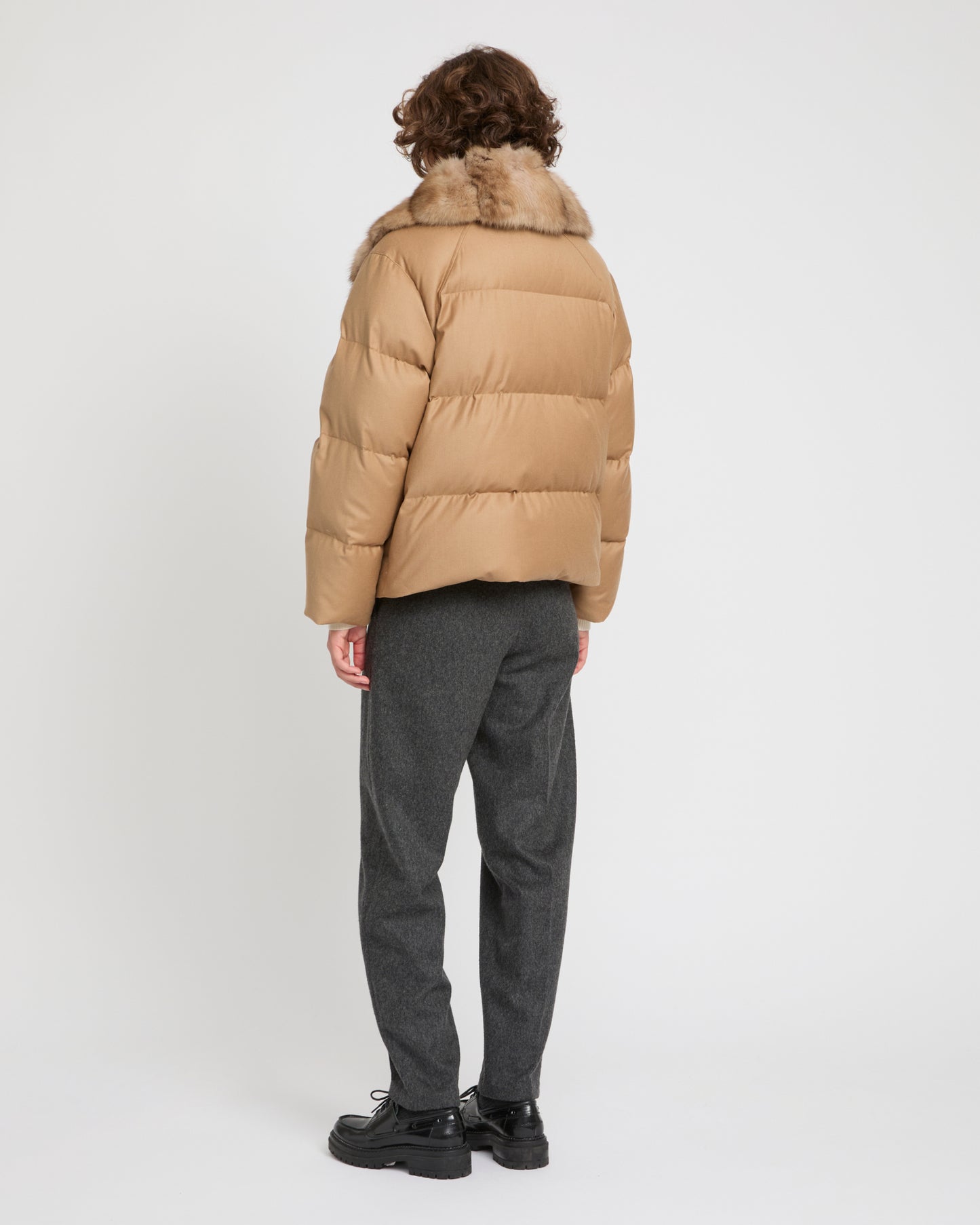 Loro Piana fabric short flannel down jacket with detachable large sable fur collar