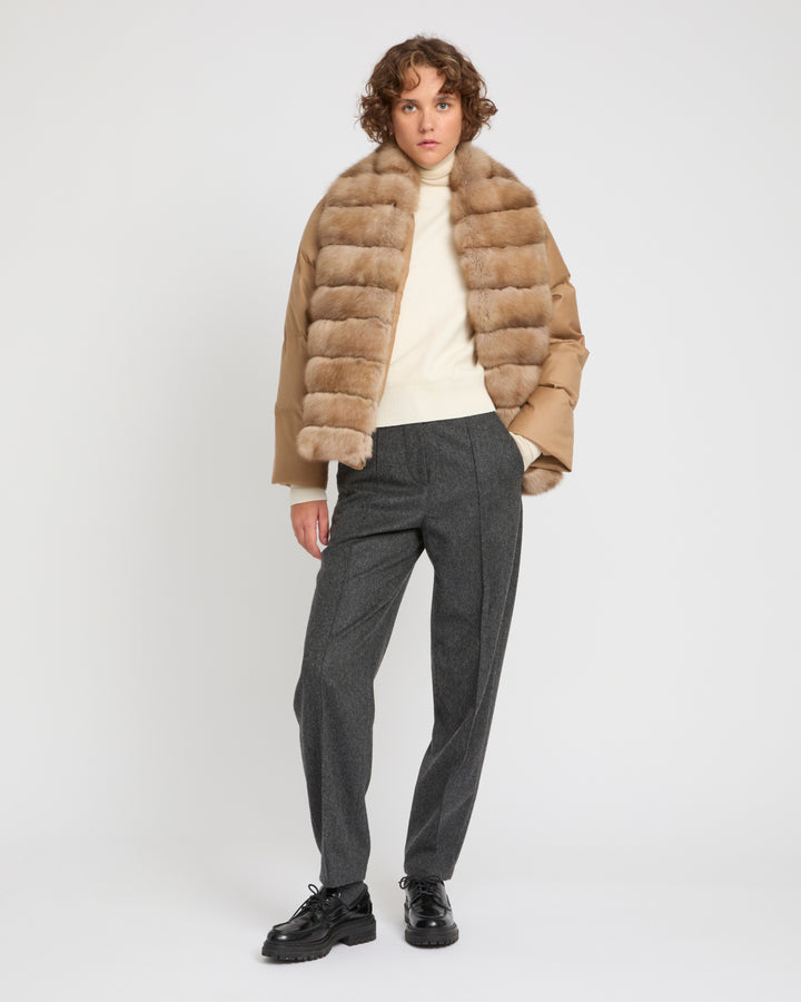 Loro Piana fabric short flannel down jacket with detachable large sable fur collar