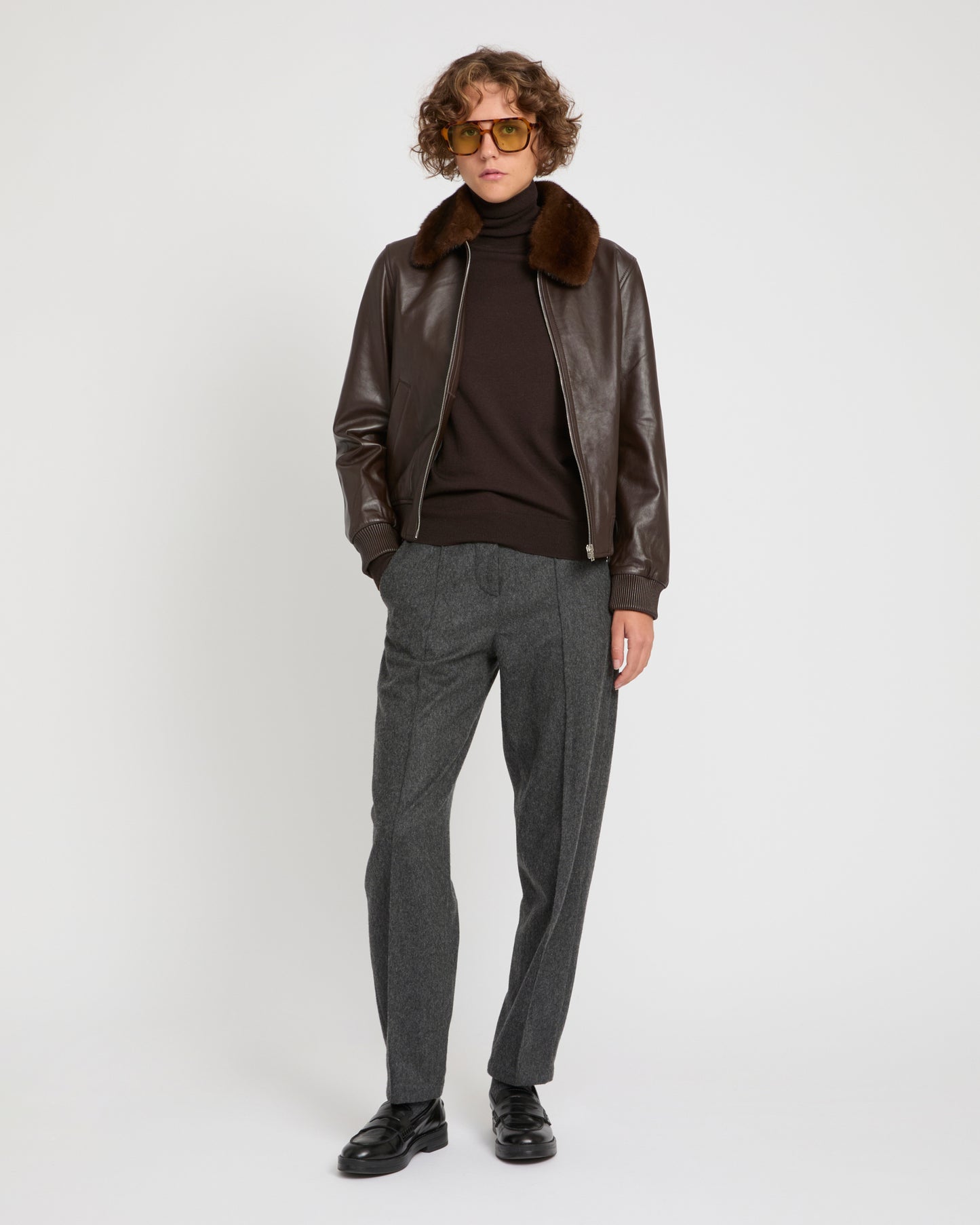 Lamb leather bomber jacket with removable mink collar