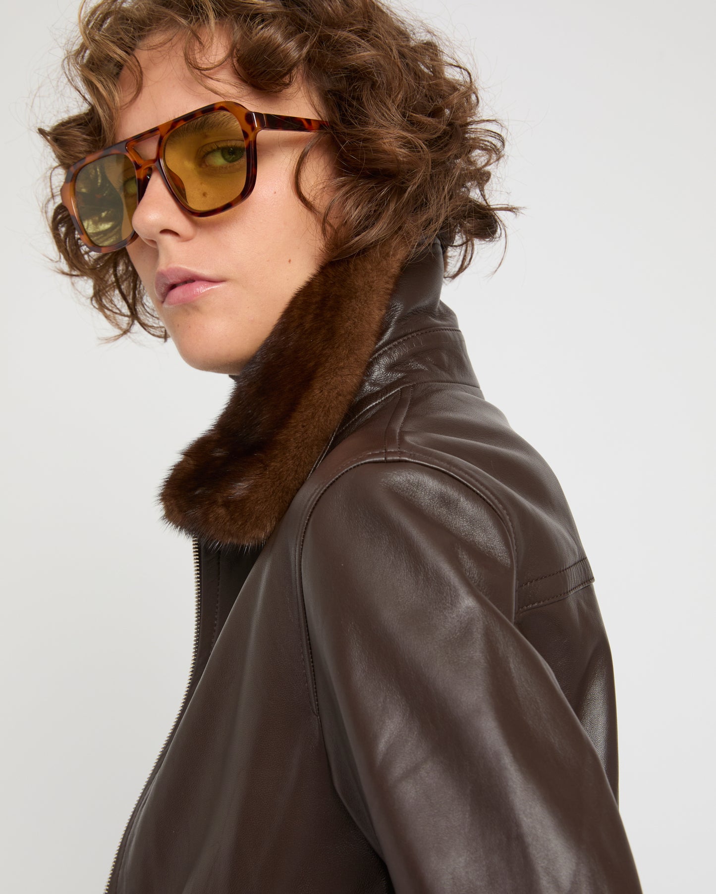 Lamb leather bomber jacket with removable mink collar