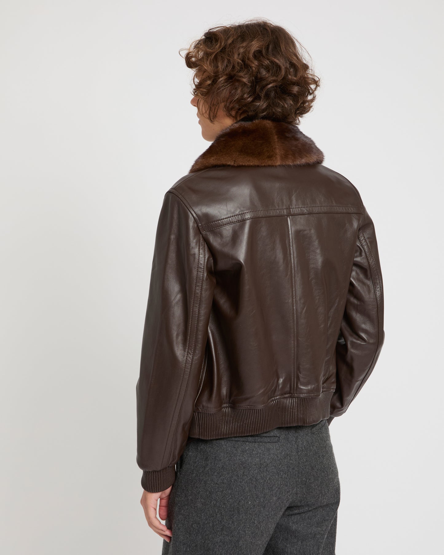 Lamb leather bomber jacket with removable mink collar