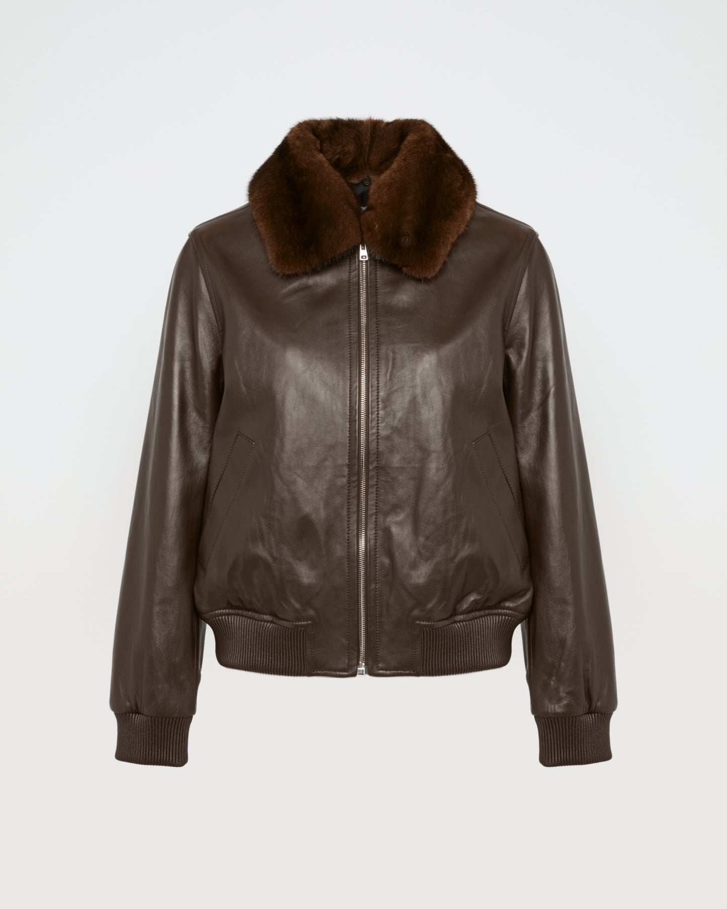 Lamb leather bomber jacket with removable mink collar