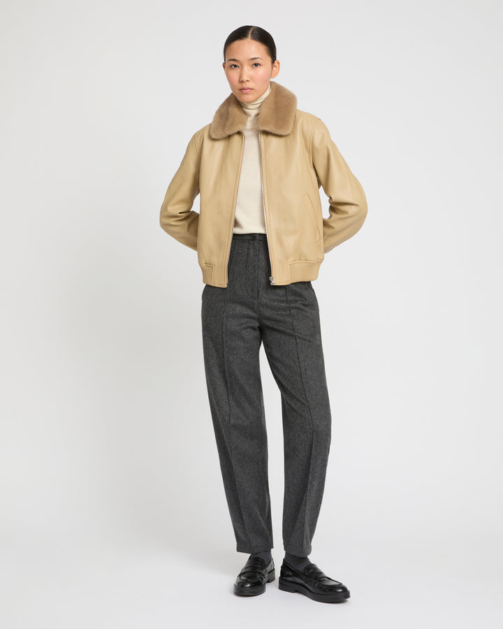Lamb leather bomber jacket with removable mink collar