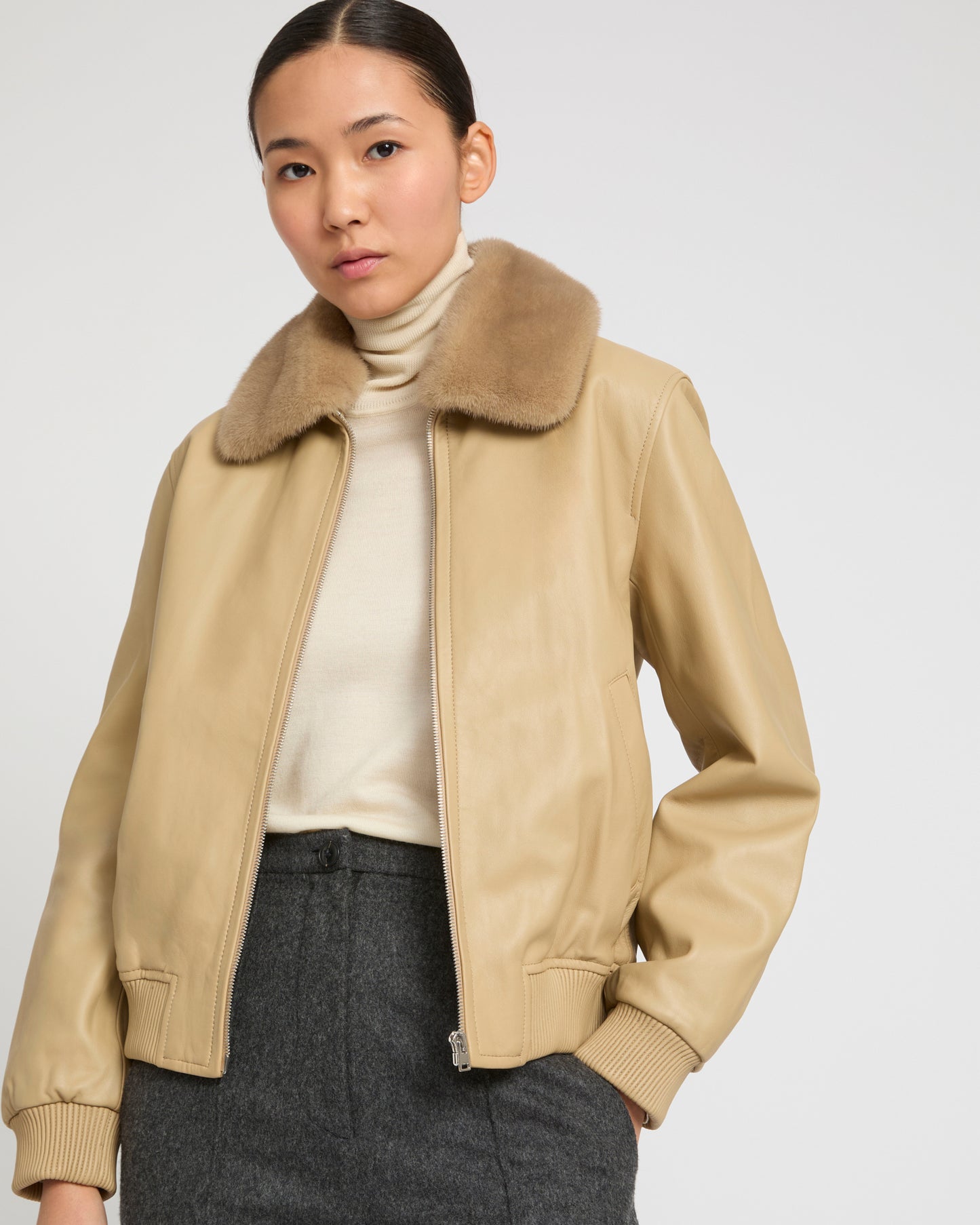 Lamb leather bomber jacket with removable mink collar